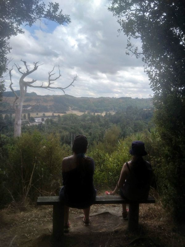 Picture of two girls sitting on a seat overlooking a valley of native New Zealand bushland. 